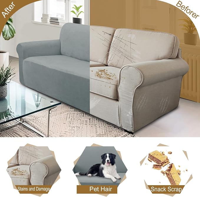 U-NICE HOME Velvet Chair Sofa Covers Stretch Couch Cover Furniture Protector Sofa Slipcover for Dogs (Chair, Light Grey) - Image 5