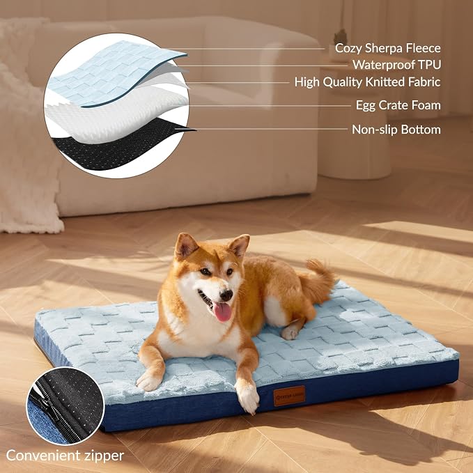 Patas Lague Orthopedic Large Dog Bed Washable Pet Crate Mat 48''X30'' Blue | Egg-Crate Foam Dog Couch For Large Sized Dogs, Waterproof Removable Cover, Soft Pet Bed With Nonskid Bottom - Image 3