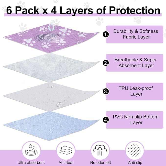 BEAUTYZOO 6 Pack Washable Pee Pads for Dogs, Reusable Puppy Pads for Potty Training, Waterproof Super Absorbent Whelping Pads Mats Non Slip Against Urine for Small Medium Dogs Cats, 16" x 24" - Image 3