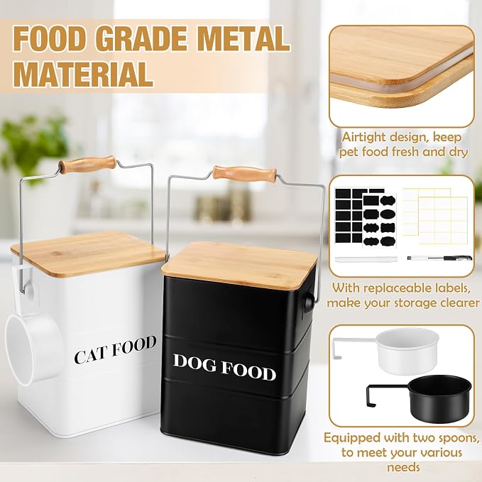 Tioncy 2 Pcs Metal Dog and Cat Food Storage Containers Big Pet Food Containers with Bamboo Lids and Spoon Airtight 5-7 Lbs Dog Cat Treat Snack Jars with DIY Labels for Kitchen Counter(White,Black) - Image 3