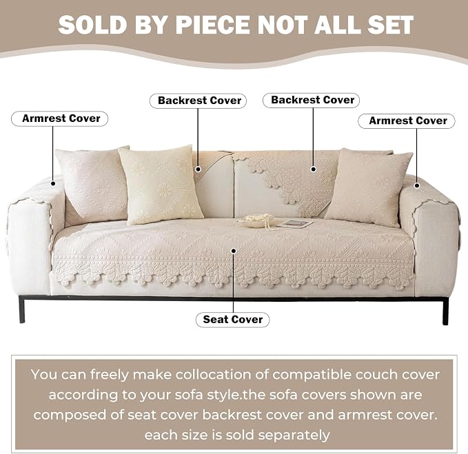 Cotton Quilted Dog Couch Cover for Sofa Farmhouse Rustic Embroidery Sectional Couch Cover Soft Anti-Slip Sofa Slipcover Furniture Protector for Kids, Pets (Khaki,36"x36") - Image 2