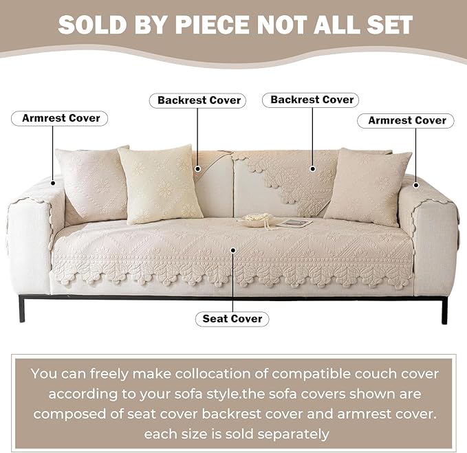 Cotton Quilted Dog Couch Cover for Sofa Farmhouse Rustic Embroidery Sectional Couch Cover Soft Anti-Slip Sofa Slipcover Furniture Protector for Kids, Pets (Khaki,43"x43") - Image 2