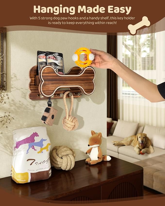 MTERSN Farmhouse Dog Leash Holder for Wall - Dog Stuff Organizer and Doggie Bone Key Holder Wall Mount with 5 Decorative 3D Puppy Paw Hooks & Storage Shelf - Ideal Home Decor (Brown) - Image 3