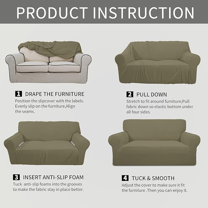 Easy-Going Stretch Loveseat Couch Covers Washable Khaki | 1-Piece Loveseat Covers for 2 Cushion Couch Furniture Protector RV Sofa Slipcover Soft with Bottom for Kids Pets - Image 5