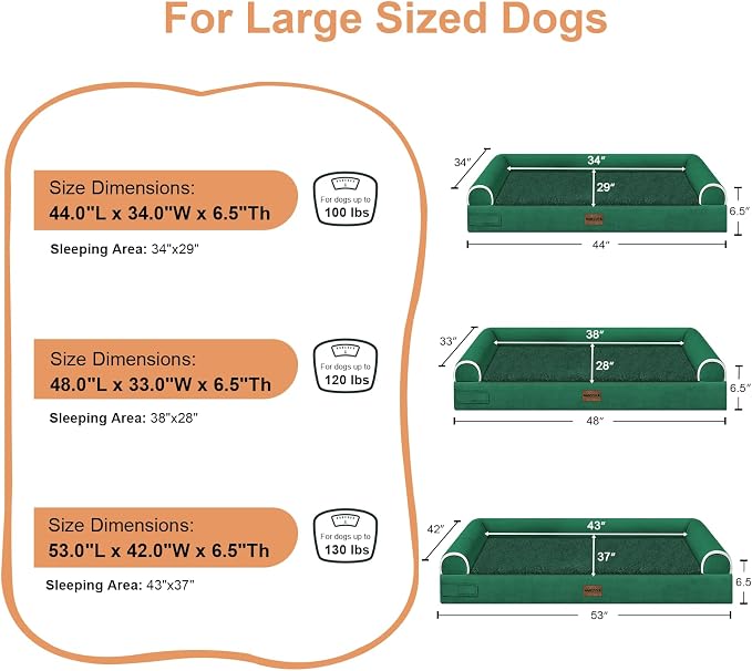 NANUYA Orthopedic Dog Bed for XX-Large Dogs, 44 x 34 Inch, Emerald | Egg crate foam for joint support, 3-sided bolster pet sofa, waterproof lining, washable cover, and non-skid base - Image 6