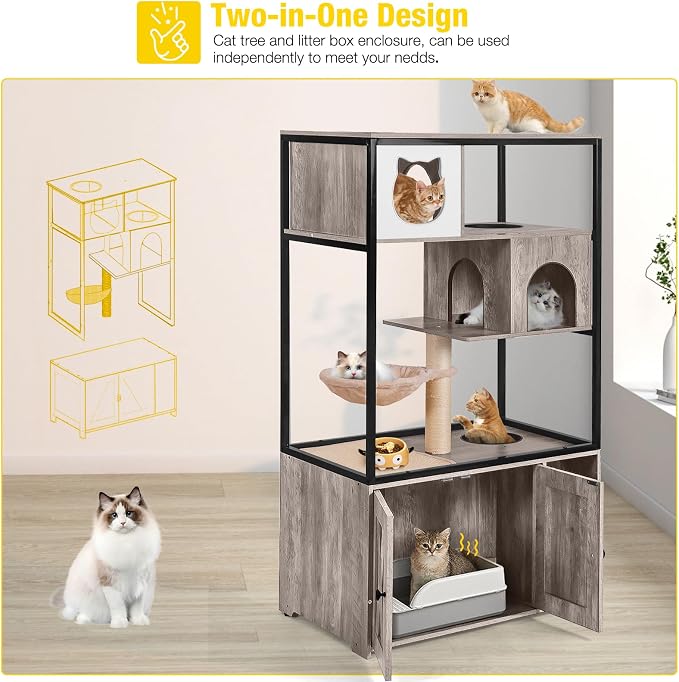 Aivituvin Cat Litter Box Enclosure, Litter Box Furniture Hidden, Wooden Cat Washroom Furniture, Indoor Cats House with Condo, Hammock, Scratching Mat and Storage Shelves-Greige - Image 4