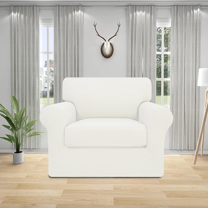 Easy-Going 2 Pieces Stretch Couch Cover Sofa Cover for Dogs Washable Sofa Slipcover for Separate Cushion Couch Spandex Jacquard Fabric Elastic Furniture Protector for Pets, Kids (Ivory, Chair) - Image 2