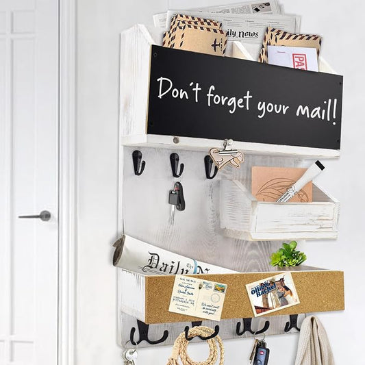 Mail Organizer Wall Mount，Key Holder Mail and Key Organizer for Wall with Shelf, Chalkboard, Corkboard, Home Decor for Room Office Entryway(Ivory White) by HEKOOLA