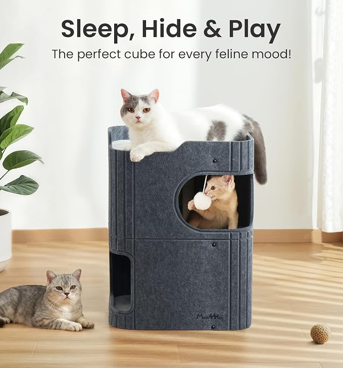 Made4Pets Cat House for Indoor Use, 2-Storey Cube Bed Cave, Covered Hideaway Condo with Scratch-Resistant Felt, Foldable Easy-to-Clean Design for Multi-Cat Homes, Dark Grey - Image 2
