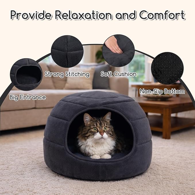 Hollypet Cat Bed Cave for Indoor Cats for Pets up to 15 lbs, Gray | Warm Cat Bed Cats Igloo Cave Condo, Covered Kitty House with Removable Washable Cushion, Cozy Enclosed Pet Bed for Small Dogs - Image 5
