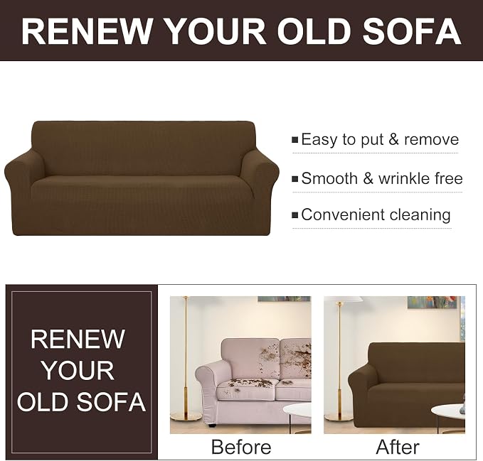 U-NICE HOME Oversized Stretch Loveseat Couch Cover, Brown | 2 Cushion Sofa, 1-Piece Sofa cover, Washable, Pet friendly, Furniture protector, Polyester Spandex Jacquard fabric - Image 5