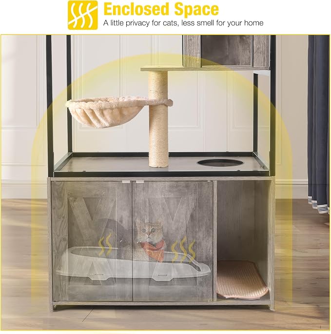 Aivituvin Cat Litter Box Enclosure, Litter Box Furniture Hidden, Wooden Cat Washroom Furniture, Indoor Cats House with Condo, Hammock, Scratching Mat and Storage Shelves-Greige - Image 2