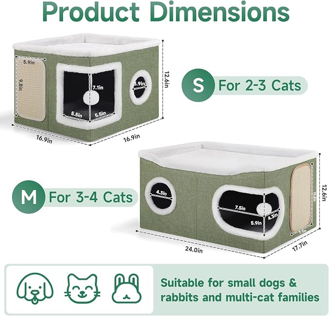 Shikha Extra Large Cat House Bed for Multi Cats with Scratch Pad Green | 24 x 17.7 x 12.6 IN Widen Cat Cave Cube for Multi Pets, Foldable, Arc-Edge Design, Oval Door, All Seasons Reversible Cushion - Image 2