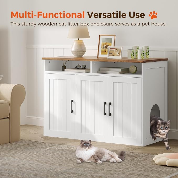 MAHANCRIS Cat Litter Box Enclosure for Self Cleaning Litter Boxes, Large Hidden Litter Box Furniture with Shelves, Wooden Cat Washroom Storage Cabinet, Automatic Litter Box Enclosure, White CWBZ3001 - Image 2