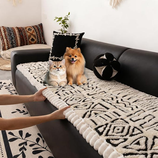 HANDONTIME Boho Couch Cushion Covers for Dogs Plush Couch Cover Washable Non-Slip Dog Sofa Cover Pet Couch Protector Fuzzy Geometric Sofa Slipcovers Dog Mat for Sofa and Couches(Beige, 27.6" x 70.9") by HANDONTIME