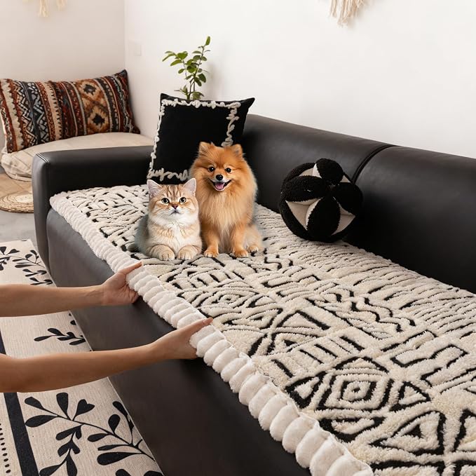 HANDONTIME Boho Couch Cushion Covers for Dogs Plush Couch Cover Washable Non-Slip Dog Sofa Cover Pet Couch Protector Fuzzy Geometric Sofa Slipcovers Dog Mat for Sofa and Couches(Beige, 27.6" x 82.7") by HANDONTIME