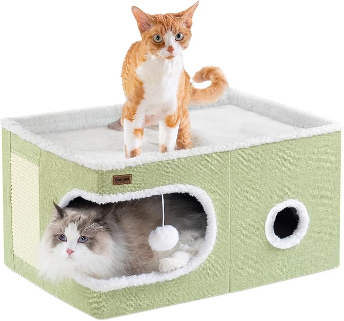 Garnpet Cat Bed for Indoor Cats Cube House, Covered Cat Cave Beds & Furniture with Scratch Pad and Hideaway Tent, Cute Modern Cat Condo for Multi Small Pet Large Kitten Kitty, Large, Green by Garnpet