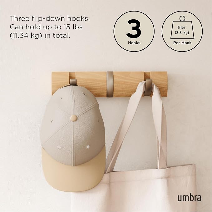 Umbra Flip Coat Rack, Wall Mount Retractable Hooks, 3-Hook, Natural/Nickel | Real wood and steel build, folds flat when not in use, holds coats bags and scarves, easy install - Image 5