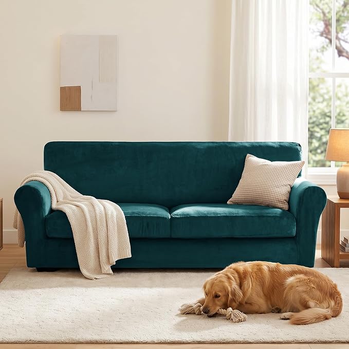 XINEAGE 3-Piece Velvet Sofa Cover,Couch Covers for Dog,Dark Green | 2 Cushion Sofa,Stretch Non-slip Elastic, Pet-friendly, Washable, Fast Setup, Soft Plush Fabric, Furniture Protector. - Image 4