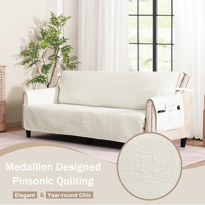 Quilted Grand Sofa Covers for 4 Cushion Couch, Couch Cover for Grand Sofa Washable, Soft Cozy Couch Protector, Oversized Grand Sofa Slipcovers Water-Repellent (Grand Sofa 98", Ivory White) - Image 2