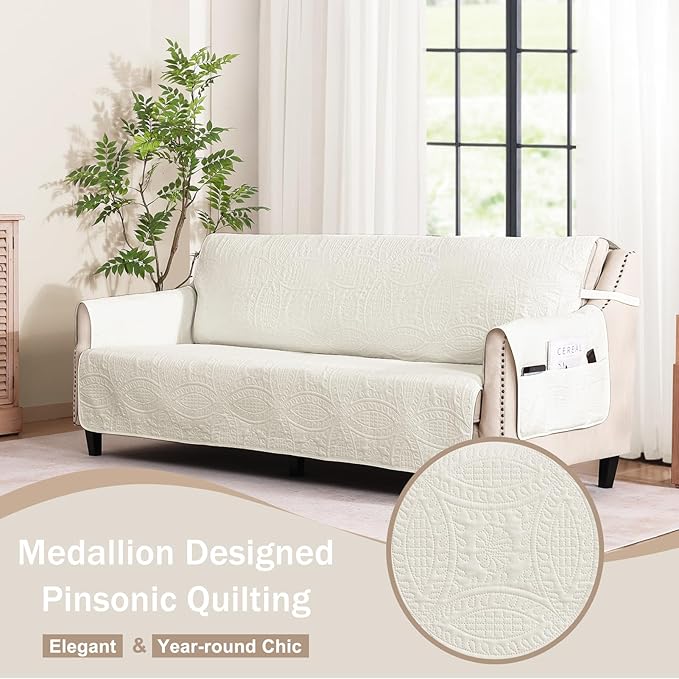 Quilted Sofa Slipcovers with Pockets, Anti-Slip Medallion Designed Couch Covers for 3 Cushion Sofa, Couch Cover for Dogs Cats Water-Repellent Machine Washable (Large Sofa 68", Ivory White) - Image 2