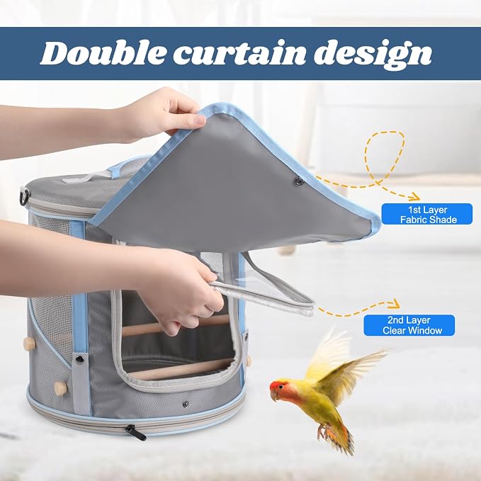 halinfer Bird Travel Carrier Cage for Small to Medium Size, Portable Parrot Parakeet Cockatile Conure Transport Cage with Clear Window and Fabric Shade, Round Carry Bird Bag - Image 3