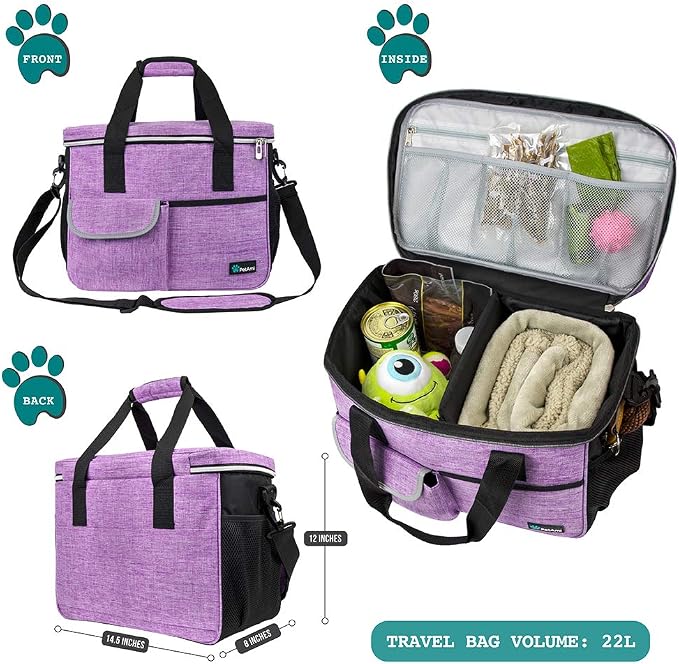 PetAmi Dog Travel Bag Organizer, Pet Travel Kit with 2 Food Containers & 2 Collapsible Dog Bowls, Pet Supplies Tote with Luggage Sleeve, Weekend Road Trip Camping Essentials, Purple, Medium - Image 2