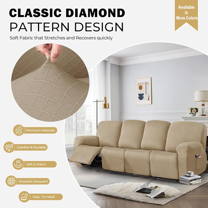 vctops Diamond Recliner Sofa Covers 10-Pieces Stretch Large RV Couch Covers for 4 Seats Reclining Slipcovers Soft Solid Furniture Protector (Light Coffee,4 Seat) - Image 3