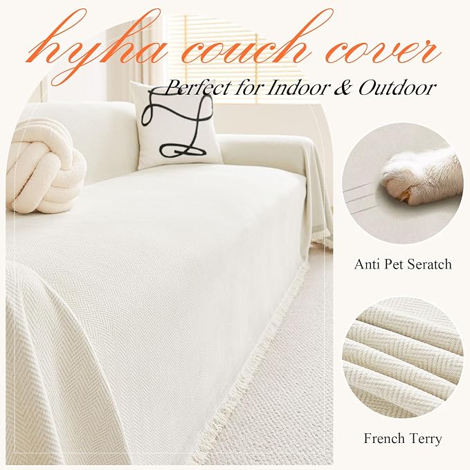 hyha Couch Cover for Dogs, Boho Chenille Sofa Cover for 3 Cushion Couch | Anti-Scratch Washable Sofa Slipcover, Loveseat Sectional Couch Throw Blankets with Tassels (Beige, 71x150 Inch) - Image 4