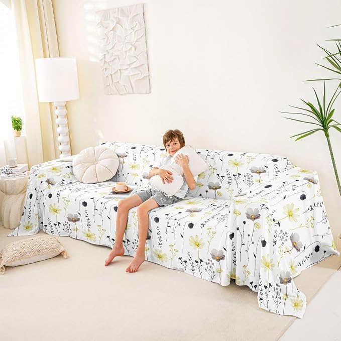 Erosebridal Watercolor Floral Couch Cover Yellow And Grey Flower Sofa Cover Modern Minimalist White Couch Protector For Cushion Couch Sofas Rustic Farmhouse Washable Non Slip Sofa Slipcover,91" X 118" - Image 4