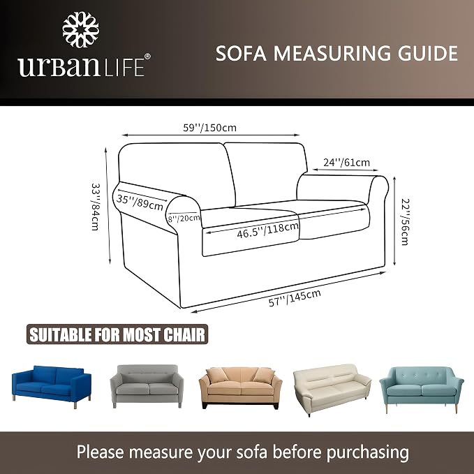 URBANLIFE 3-Piece Stretch Sofa Covers for 2 Cushion Couch, Brown | Super fitted spandex slipcovers for couches. Non-slip elastic bottom. Machine washable furniture protector for kids & pets. - Image 3