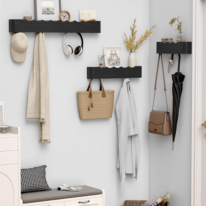 Coat Rack Wall Mount with Hidden Hooks, Wall Hooks with Shelf, Wall Key Holder Mount Wooden Shelf Entryway Hooks for Bedroom Bathroom for Hanging Coats Hats Bags Towels (Black Wave-Shape, 4 Hooks) - Image 5