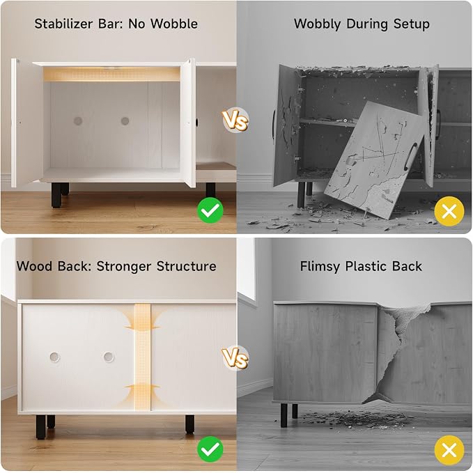 ONBRILL 59 Inches Cat Litter Box Enclosure for 2 Cats, Hidden Litter Boxes Furniture with Cat Scratch Pad, Large Indoor Pet House with Double Room, Wooden TV Stand Side Table, Off White - Image 6