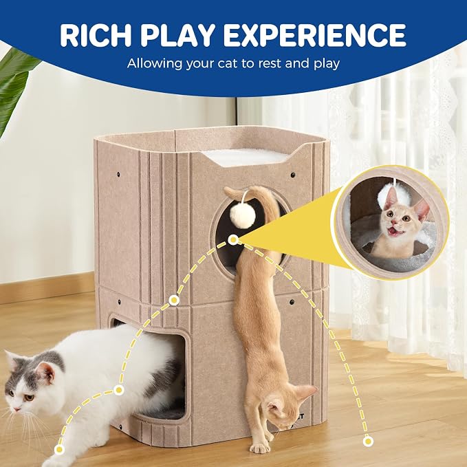 ABCPET Cat House for Indoor Cats, Cat Condo Cat Bed Cave, Felt Cats Hideaway Condo with Resistant Scratching Freedom Kitten Cube & Hanging Ball, Beige - Image 3