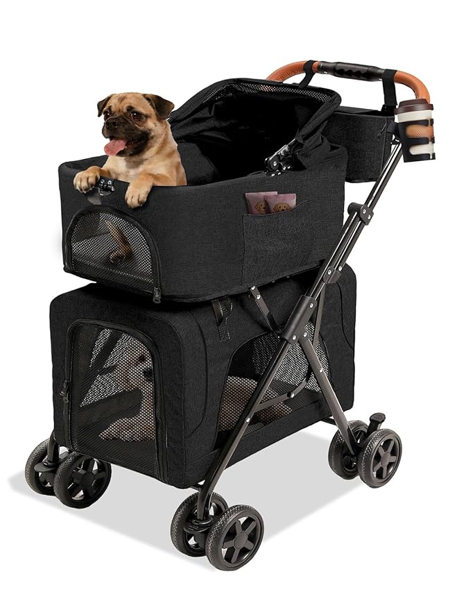 Pet Stroller for Dogs and Cats, 4 in 1 Cat Strollers for 2 Cats, Foldable Dog Stroller for Medium Dogs 20 lbs with Cup Holder and Storage Bag, Suitable for All-Terrain, Dog Gifts