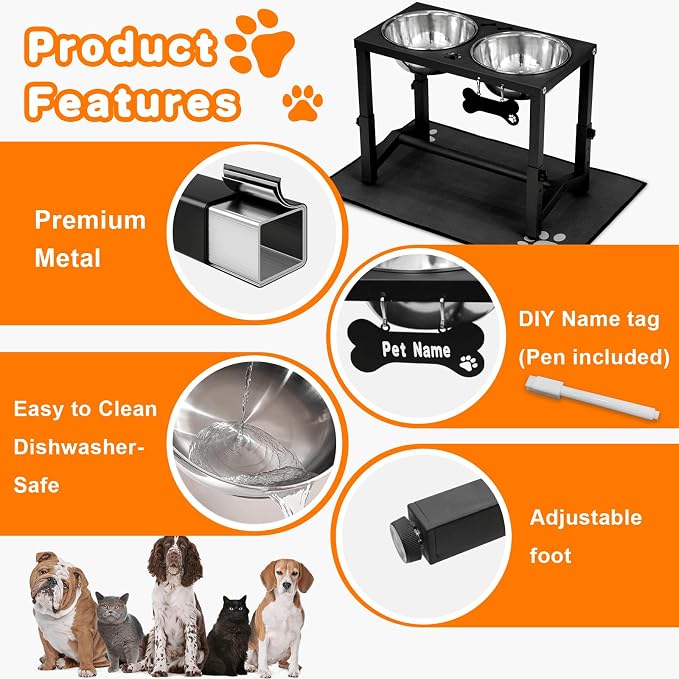 Elevated Dog Bowls, 4 Height Adjustable Metal Raised Bowl Stand with 2 Thick Stainless Steel Food Bowls & Spill-Proof Mat, Adjusts to 13.6'', 12.2'', 10.9'', 9.5'' for Large/Medium Breeds. Black - Image 6