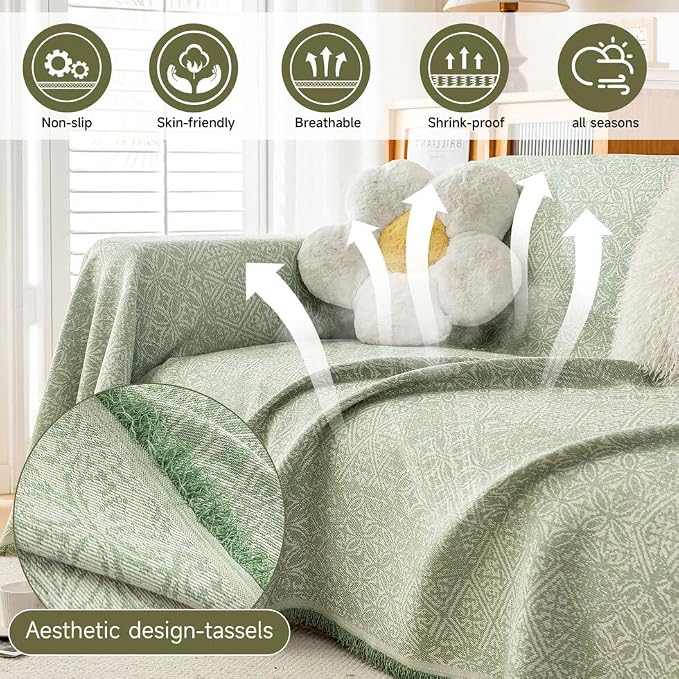 ROOMLIFE Green Sofa Cover, Vintage Boho Couch Cover for 3 Cushion Sofa, Soft Breathable Sofa Cover for Dog, Washable Furniture Sofa Protector Cover Blanket with Tassel for Living Room, 71 '' X 118'' - Image 3