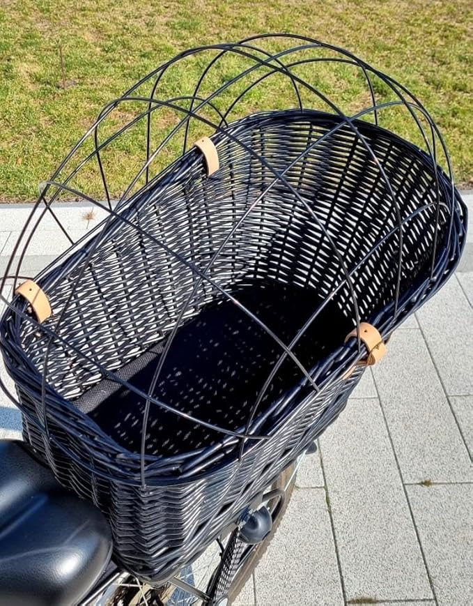 Natural Wicker Dog Bike Basket - 100% Organic Rattan Pet Carrier with Protective Grille - Eco Friendly Design - Soft Cotton Cushion & Mounting Bracket for Secure Bicycle Rear Luggage Rack