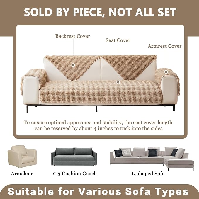 DREAMINGO Faux Fur Couch Seat Cover, Soft Plush Sofa Covers for Pet Washable, Non Slip Furniture Protector for 3 Cushion Couch Sofa Sectional, 35.4x94.5 Inch, Coffee - Image 3