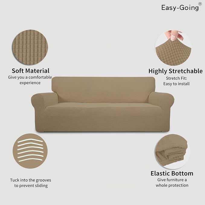 Easy-Going Stretch 4 Seater Sofa Slipcover 1-Piece Sofa Cover Furniture Protector Couch Soft with Elastic Bottom for Kids, Polyester Spandex Jacquard Fabric Small Checks Tan | 1-Piece Extra X-large Sofa Cover Furniture Protector Couch Soft with Bottom ... - Image 3