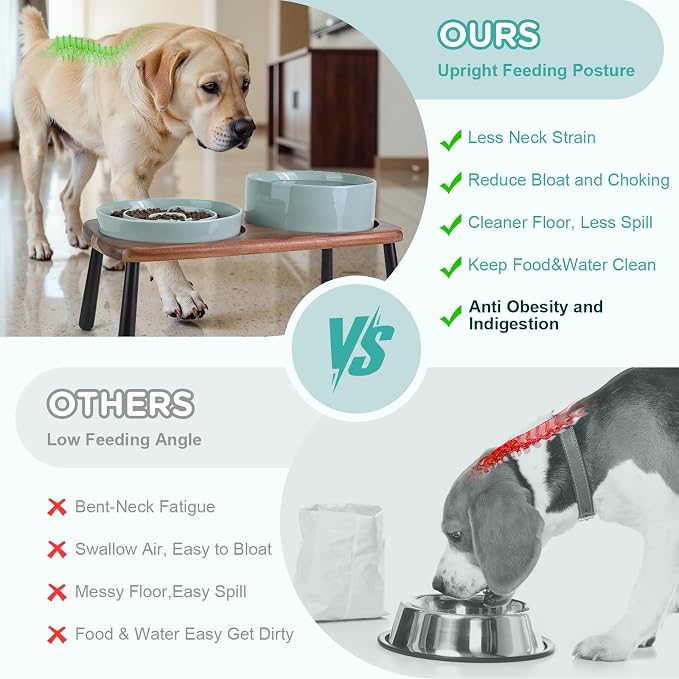 SPUNKYJUNKY Ceramic Elevated Dog Bowls with Slow Feeder Raised Acacia Bamboo Wooden Stand, 8.3'' Dog Food Water Bowls Set Non-Slip for Medium Large Sized Breed Microwave Dishwasher Safe - Light Green - Image 3