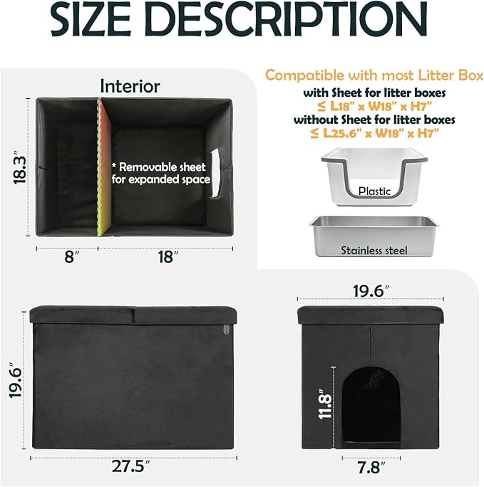 MEEXPAWS Cat Litter Box Enclosure Furniture Hidden Large, Lift Design Lid Velvet Cat Washroom Bench Storage Cabinet |27.5'' x 19.6'' x 19.6'' |Dog Proof|Urine Proof Inside|Quick Assembly| Easy Clean - Image 6