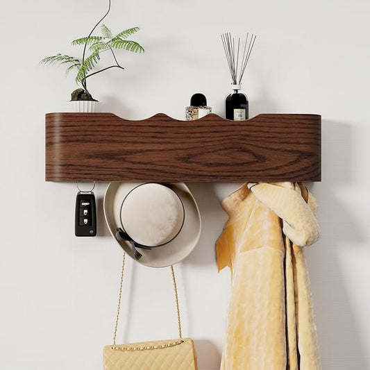 Coat Rack Wall Mount with Shelf 4 Hidden Hooks Modern Wooden Key Holder Entryway Organizer for Hallway Bedroom Bathroom Home Decor Storage for Hanging Coats Hats Bags Towels, Wave-Shape Walnut by Jadoxy