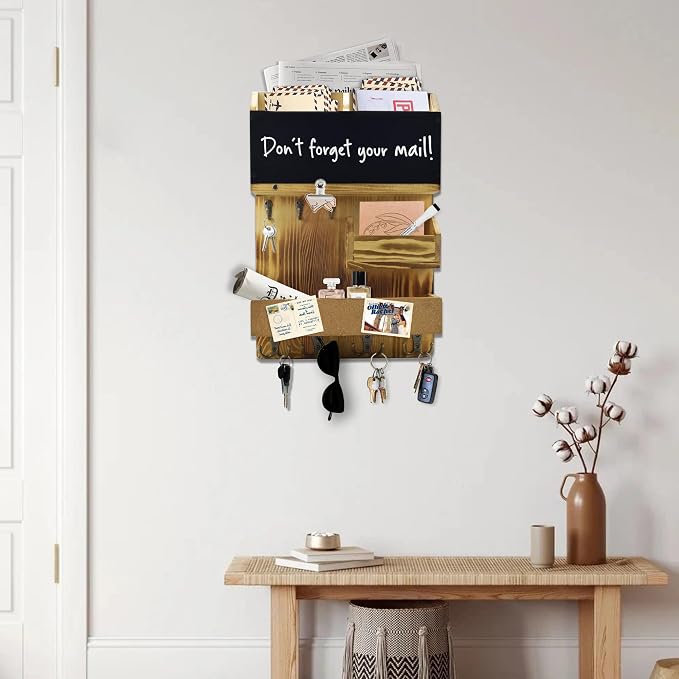 Mail Organizer Wall Mount，Key Holder Mail and Key Organizer for Wall with Shelf, Chalkboard, Corkboard, Home Decor for Room Office Entryway(Light Wood) - Image 7