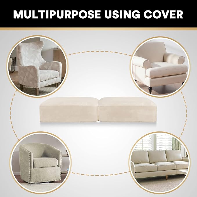PrinceDeco Velvet Couch Cushion Cover Stretch Sofa Seat Covers Washable Cushion Slipcover for Chair Love Seat Sofa Cushion Furniture Protector Seat Cushion Sofa Cover (Each Width Up to 29.5", Ivory) - Image 6