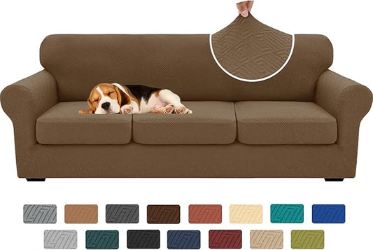 XINEAGE New 4 Pieces Extra Large Couch Covers for 3 Cushion Sofa Super Stretch Sofa Cover for 3 Large Seat Cushion Universal Slip Cover for Living Room (Brown), 91"-110"(3 Cushions) by XINEAGE