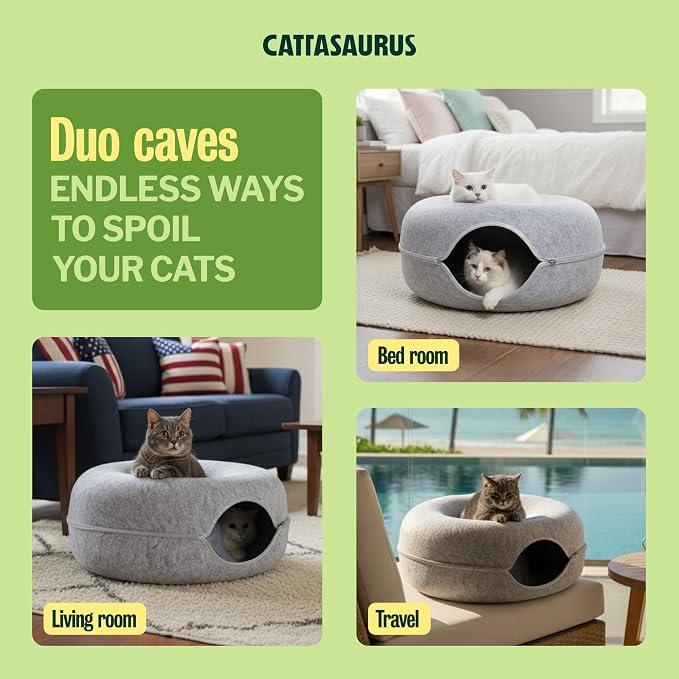 Cattasaurus Peekaboo Cat Cave Donut for Multiple & Large Cats up to 30-45 lbs, 3-in-1 Self Warming Cat Bed, Tunnel & Scratcher for Indoor Cats, Washable & Detachable (Light Gray + Light Gray, Large) - Image 3