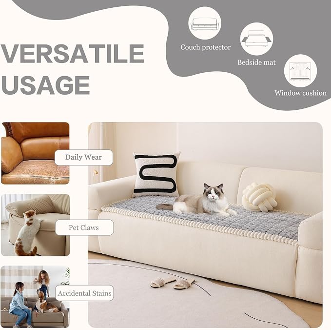 DREAMINGO Pet Couch Covers for Sofa Non Slip Fuzzy Dog Sofa Covers Washable Geometric Jacquard Couch Cushion Protector Light Grey Pet Bed Mat 27.6x70.9 Inch - Image 5