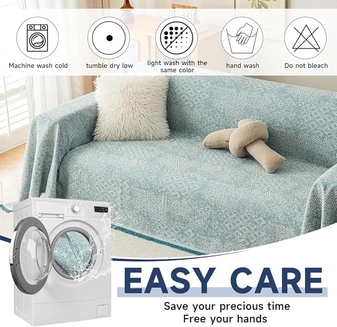 ROOMLIFE Blue Couch Cover Boho Sofa Covers for 3 Cushion Couch Washable, Furniture Protector Sofa Couch Cover for Dogs, Soft Breathable Sofa Slipcover, Couch Throw Blankets with Tassels 71''X134'' - Image 5