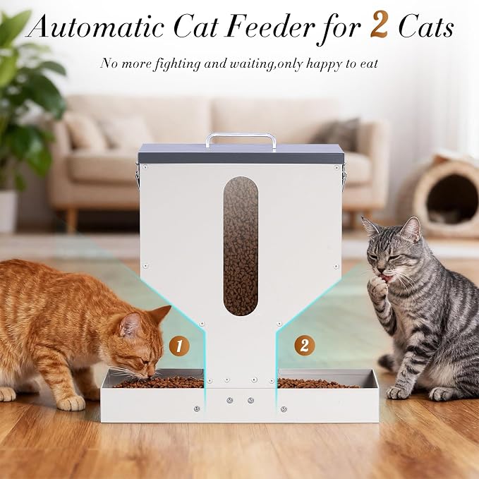Automatic Cat Feeder 2 Cats Gravity Dual Cat Feeder Auto Dry Food Dispenser with Strong Anti-Jam Galvanized Steel Pet Food Station Indoor & Outdoor - Image 7
